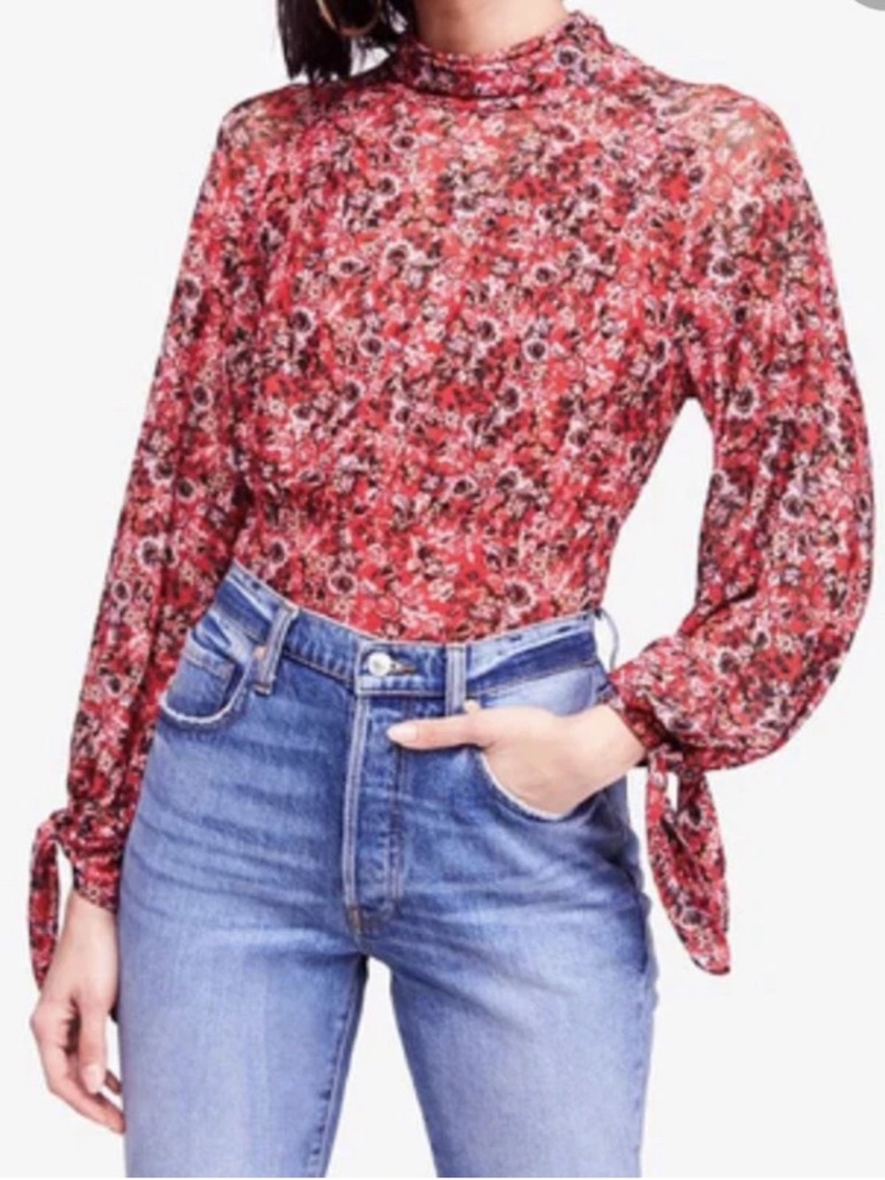 Free People Women's All Dolled Up Mesh Floral Long Sleeve Blouse M boho billowy